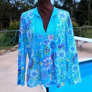 Real Comfort by Chadwick's Turquoise, White, Lavender & Lime Colors V-Neck Tun